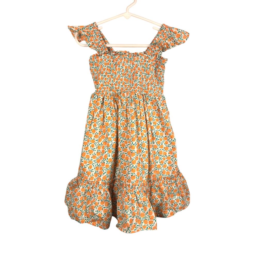 J. Crew Crewcuts Dress Girls 4 White Peach Print Smocked Flutter Sleeve Tiered